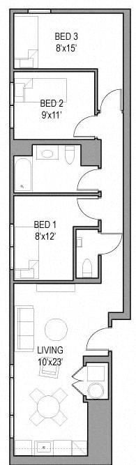 A floor plan of a three-bedroom apartment with a living room.